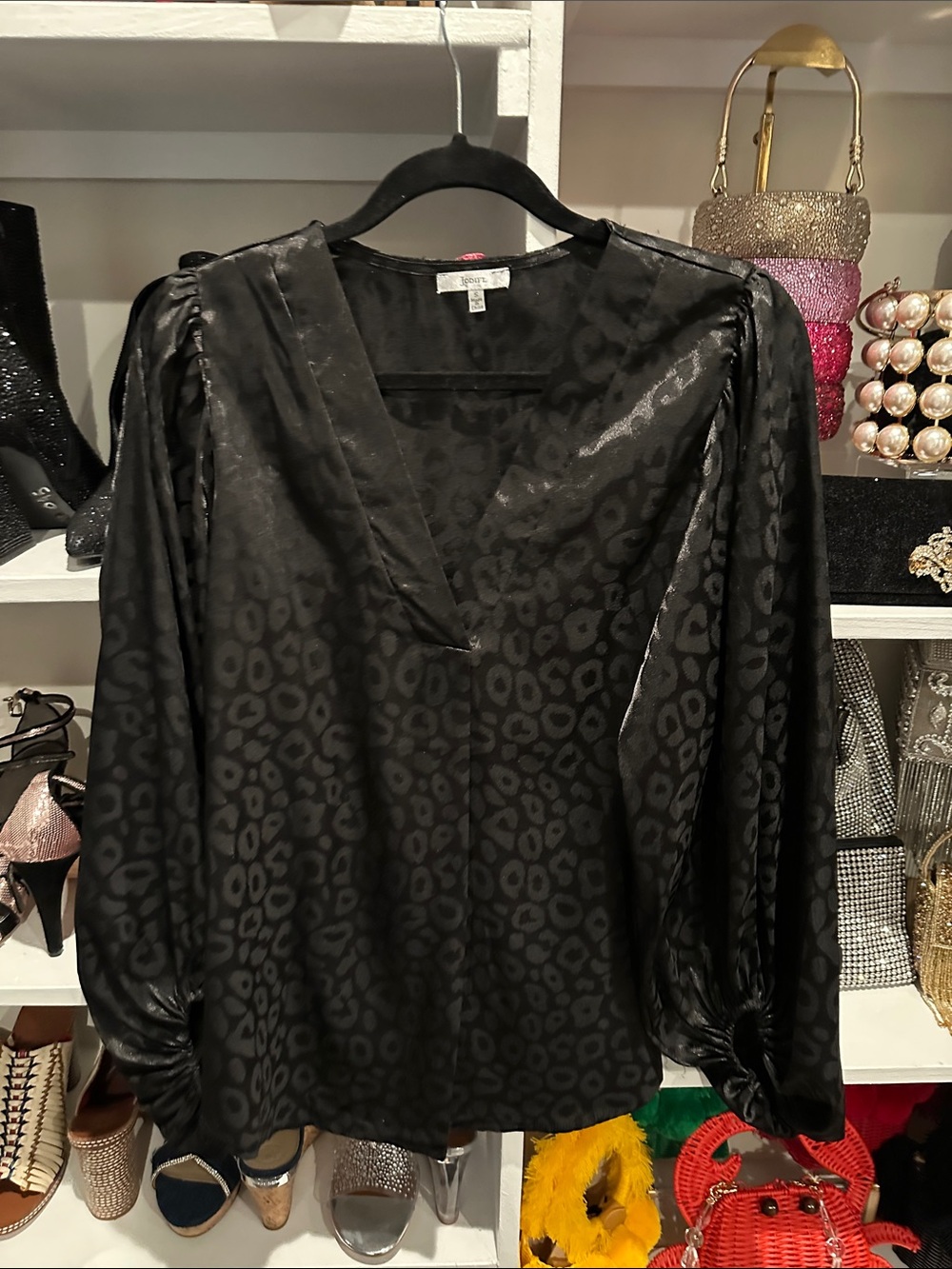 Black Leopard-Print V-Neck Satin Blouse - Jodifl Brand